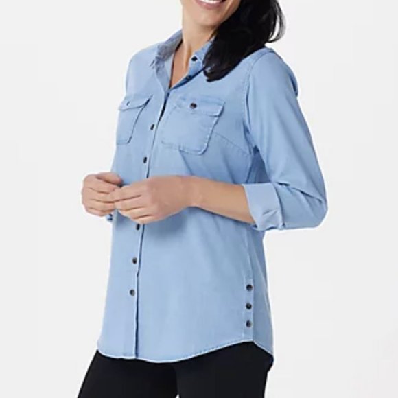 Denim&Co Tops - Denim & Co Petite Chambray Long Sleeve Button Top 14533